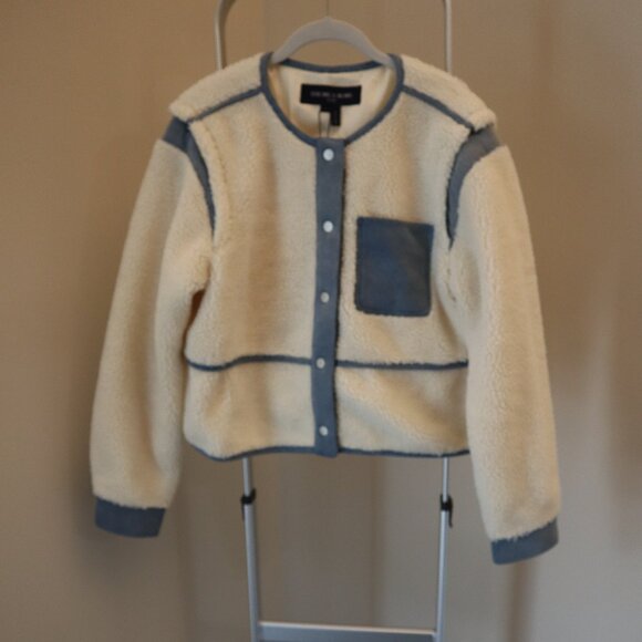 Veronica Beard Surrey Sherpa Jacket Cream Denim Trim Size Large New Tag $598 - Picture 5 of 10
